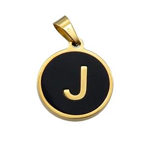Stainless Steel Pendant Pave Black Agate Letter-J Gold Plated, approx 15mm dia