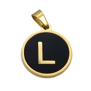 Stainless Steel Pendant Pave Black Agate Letter-L Gold Plated, approx 15mm dia