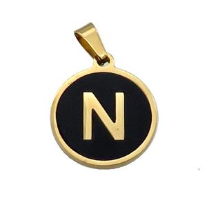 Stainless Steel Pendant Pave Black Agate Letter-N Gold Plated, approx 15mm dia