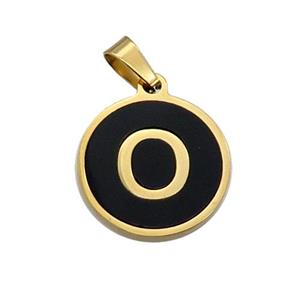 Stainless Steel Pendant Pave Black Agate Letter-O Gold Plated, approx 15mm dia
