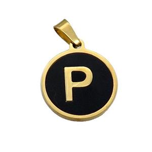 Stainless Steel Pendant Pave Black Agate Letter-P Gold Plated, approx 15mm dia