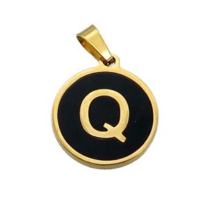 Stainless Steel Pendant Pave Black Agate Letter-Q Gold Plated, approx 15mm dia
