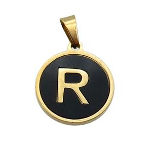 Stainless Steel Pendant Pave Black Agate Letter-R Gold Plated, approx 15mm dia