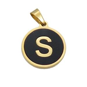 Stainless Steel Pendant Pave Black Agate Letter-S Gold Plated, approx 15mm dia