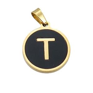 Stainless Steel Pendant Pave Black Agate Letter-T Gold Plated, approx 15mm dia