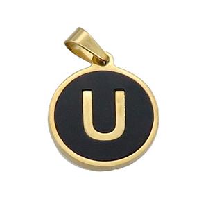 Stainless Steel Pendant Pave Black Agate Letter-U Gold Plated, approx 15mm dia