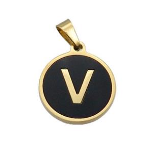 Stainless Steel Pendant Pave Black Agate Letter-V Gold Plated, approx 15mm dia