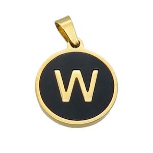 Stainless Steel Pendant Pave Black Agate Letter-W Gold Plated, approx 15mm dia