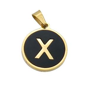 Stainless Steel Pendant Pave Black Agate Letter-X Gold Plated, approx 15mm dia