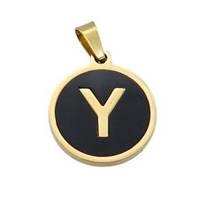 Stainless Steel Pendant Pave Black Agate Letter-Y Gold Plated, approx 15mm dia