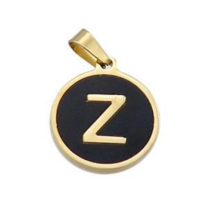 Stainless Steel Pendant Pave Black Agate Letter-Z Gold Plated, approx 15mm dia