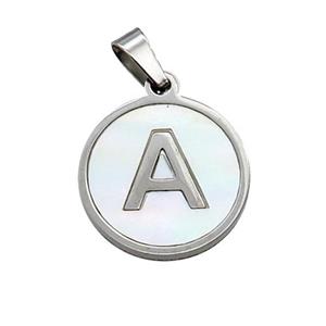 Raw Stainless Steel Pendant Pave White Shell Letter-A, approx 15mm dia