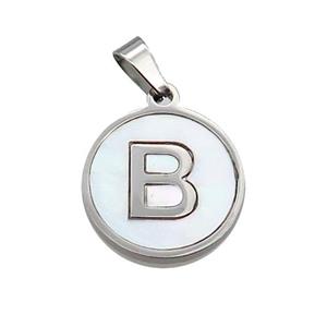 Raw Stainless Steel Pendant Pave White Shell Letter-B, approx 15mm dia