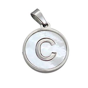 Raw Stainless Steel Pendant Pave White Shell Letter-C, approx 15mm dia