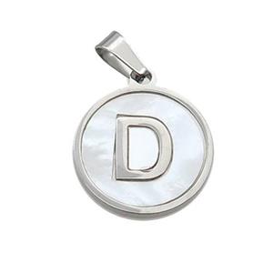 Raw Stainless Steel Pendant Pave White Shell Letter-D, approx 15mm dia
