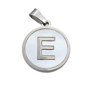 Raw Stainless Steel Pendant Pave White Shell Letter-E, approx 15mm dia