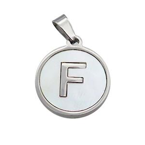 Raw Stainless Steel Pendant Pave White Shell Letter-F, approx 15mm dia