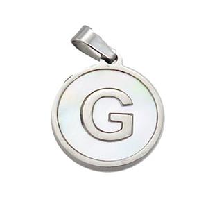 Raw Stainless Steel Pendant Pave White Shell Letter-G, approx 15mm dia