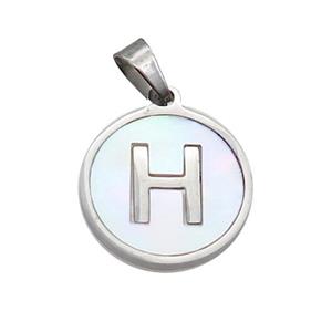 Raw Stainless Steel Pendant Pave White Shell Letter-H, approx 15mm dia