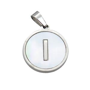 Raw Stainless Steel Pendant Pave White Shell Letter-I, approx 15mm dia