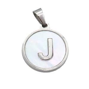 Raw Stainless Steel Pendant Pave White Shell Letter-J, approx 15mm dia
