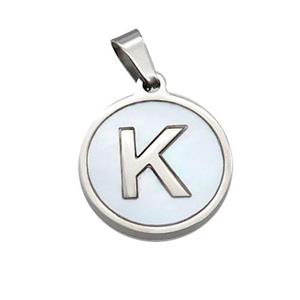Raw Stainless Steel Pendant Pave White Shell Letter-K, approx 15mm dia
