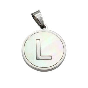 Raw Stainless Steel Pendant Pave White Shell Letter-L, approx 15mm dia