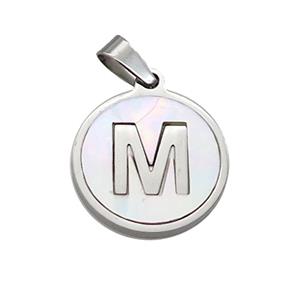 Raw Stainless Steel Pendant Pave White Shell Letter-M, approx 15mm dia