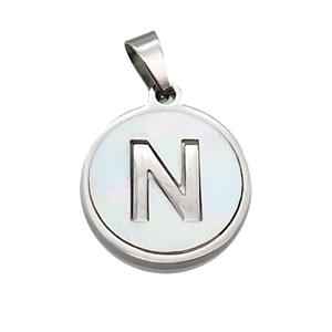 Raw Stainless Steel Pendant Pave White Shell Letter-N, approx 15mm dia