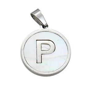 Raw Stainless Steel Pendant Pave White Shell Letter-P, approx 15mm dia