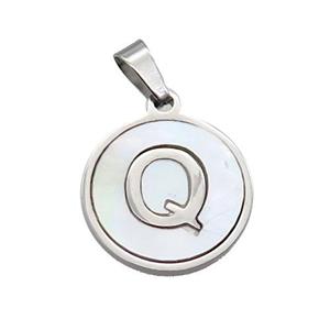 Raw Stainless Steel Pendant Pave White Shell Letter-Q, approx 15mm dia