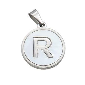 Raw Stainless Steel Pendant Pave White Shell Letter-R, approx 15mm dia