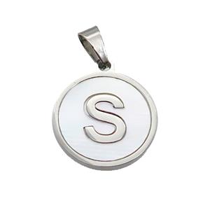 Raw Stainless Steel Pendant Pave White Shell Letter-S, approx 15mm dia