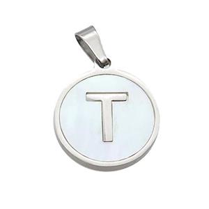 Raw Stainless Steel Pendant Pave White Shell Letter-T, approx 15mm dia