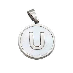Raw Stainless Steel Pendant Pave White Shell Letter-U, approx 15mm dia