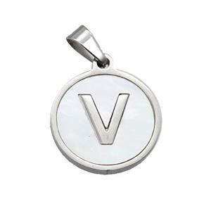 Raw Stainless Steel Pendant Pave White Shell Letter-V, approx 15mm dia