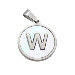 Raw Stainless Steel Pendant Pave White Shell Letter-W, approx 15mm dia