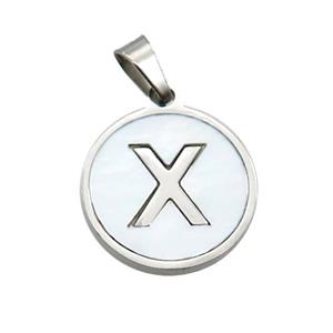 Raw Stainless Steel Pendant Pave White Shell Letter-X, approx 15mm dia