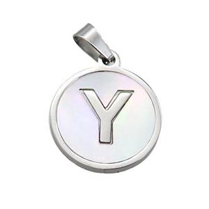 Raw Stainless Steel Pendant Pave White Shell Letter-Y, approx 15mm dia