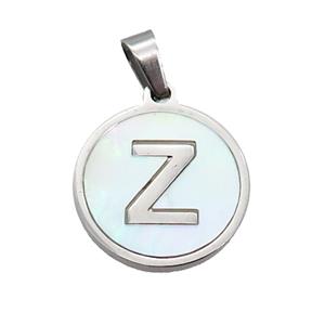 Raw Stainless Steel Pendant Pave White Shell Letter-Z, approx 15mm dia
