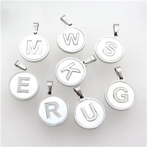 Raw Stainless Steel Letter Pendant Pave White Shell Mix Alphabet, approx 15mm dia