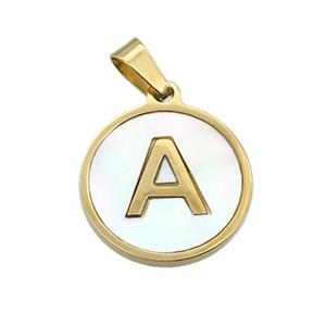Stainless Steel Pendant Pave White Shell Letter-A Gold Plated, approx 15mm dia