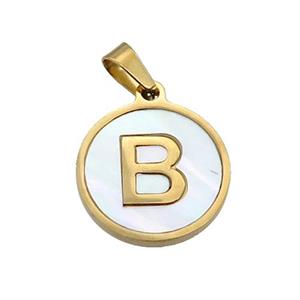 Stainless Steel Pendant Pave White Shell Letter-B Gold Plated, approx 15mm dia