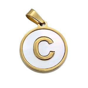 Stainless Steel Pendant Pave White Shell Letter-C Gold Plated, approx 15mm dia