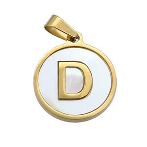 Stainless Steel Pendant Pave White Shell Letter-D Gold Plated, approx 15mm dia