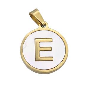 Stainless Steel Pendant Pave White Shell Letter-E Gold Plated, approx 15mm dia