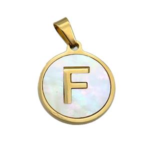 Stainless Steel Pendant Pave White Shell Letter-F Gold Plated, approx 15mm dia