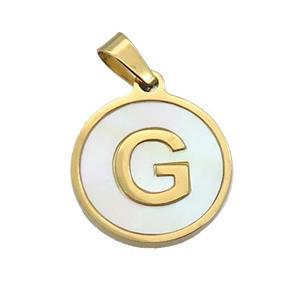 Stainless Steel Pendant Pave White Shell Letter-G Gold Plated, approx 15mm dia