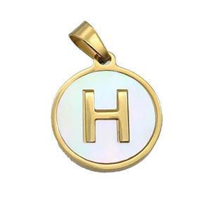 Stainless Steel Pendant Pave White Shell Letter-H Gold Plated, approx 15mm dia