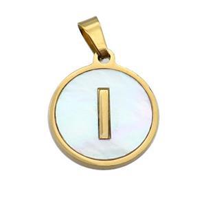 Stainless Steel Pendant Pave White Shell Letter-I Gold Plated, approx 15mm dia
